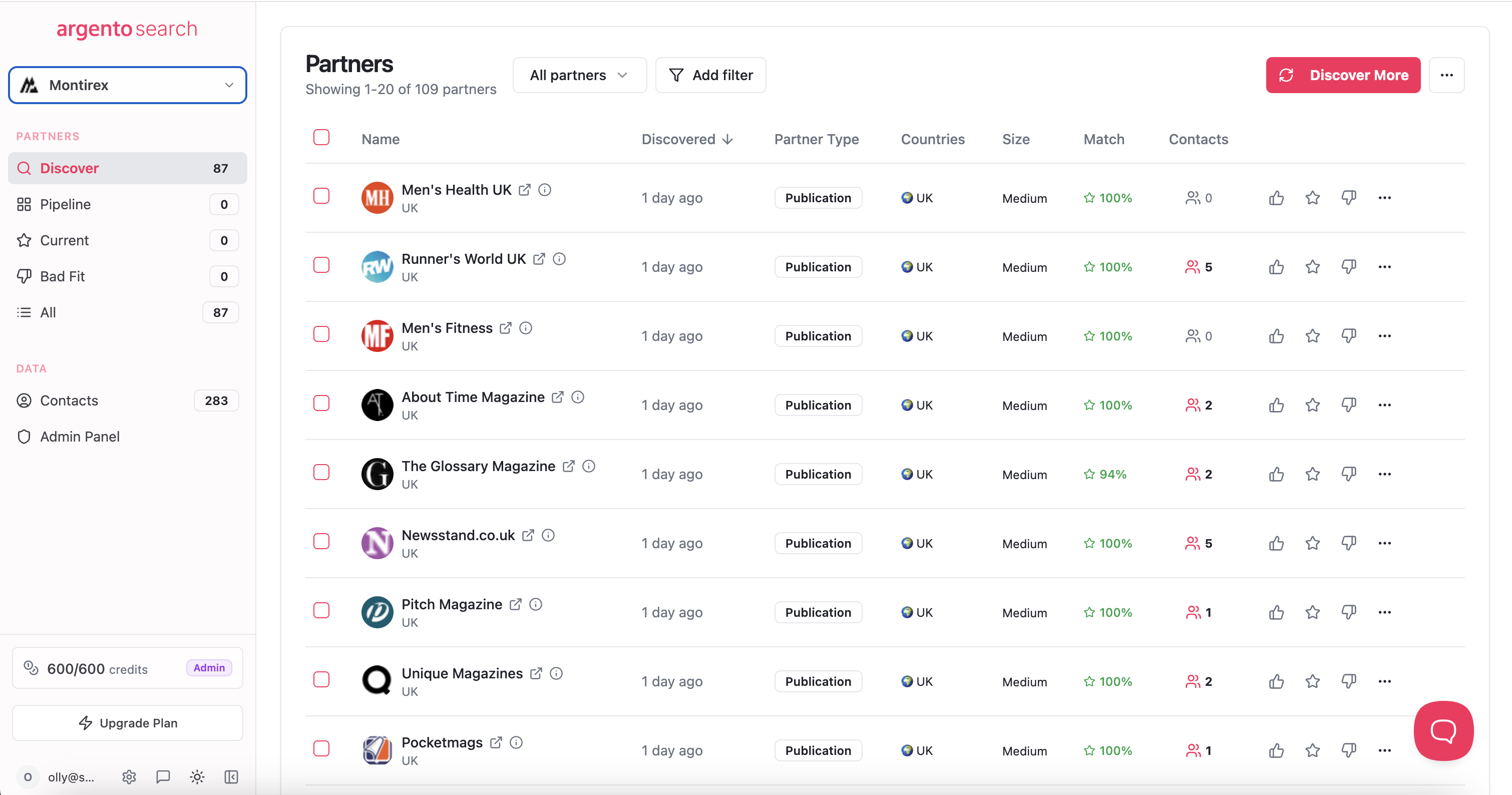 Argento Search — AI-discovered partners with match scores and verified contacts
